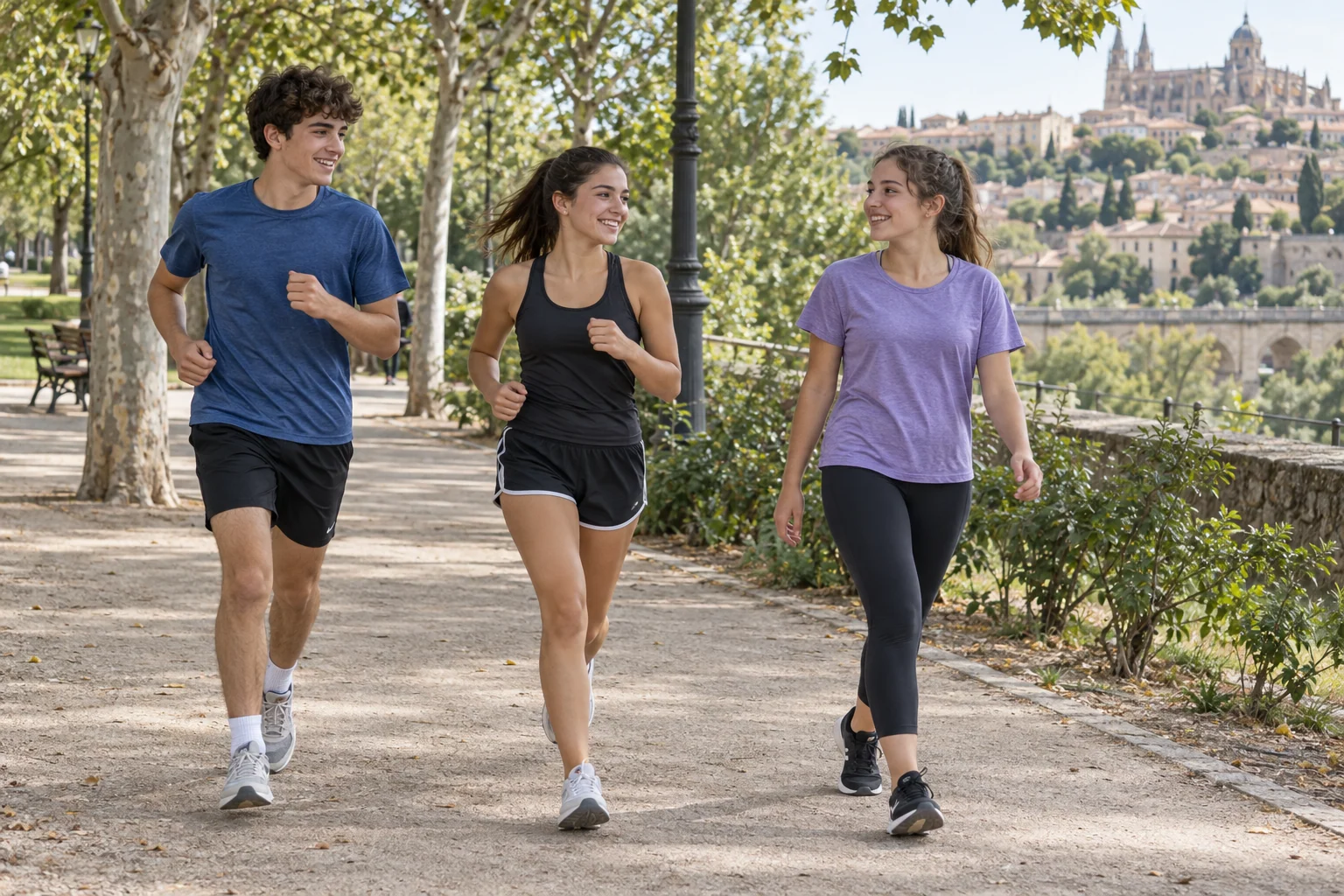 Jóvenes caminando y corriendo suavemente por un parque