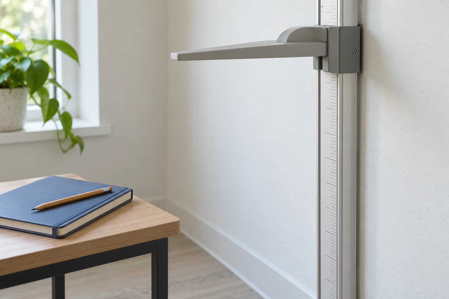 Tallímetro de pared y cuaderno para registrar medidas