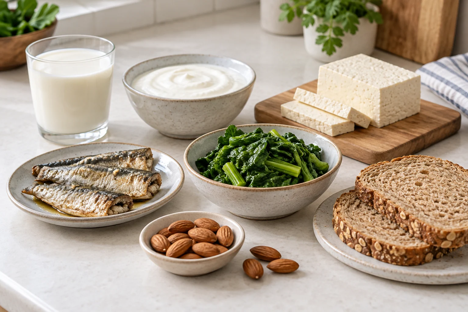 Leche, yogur, tofu, sardinas, verdura, almendras y pan