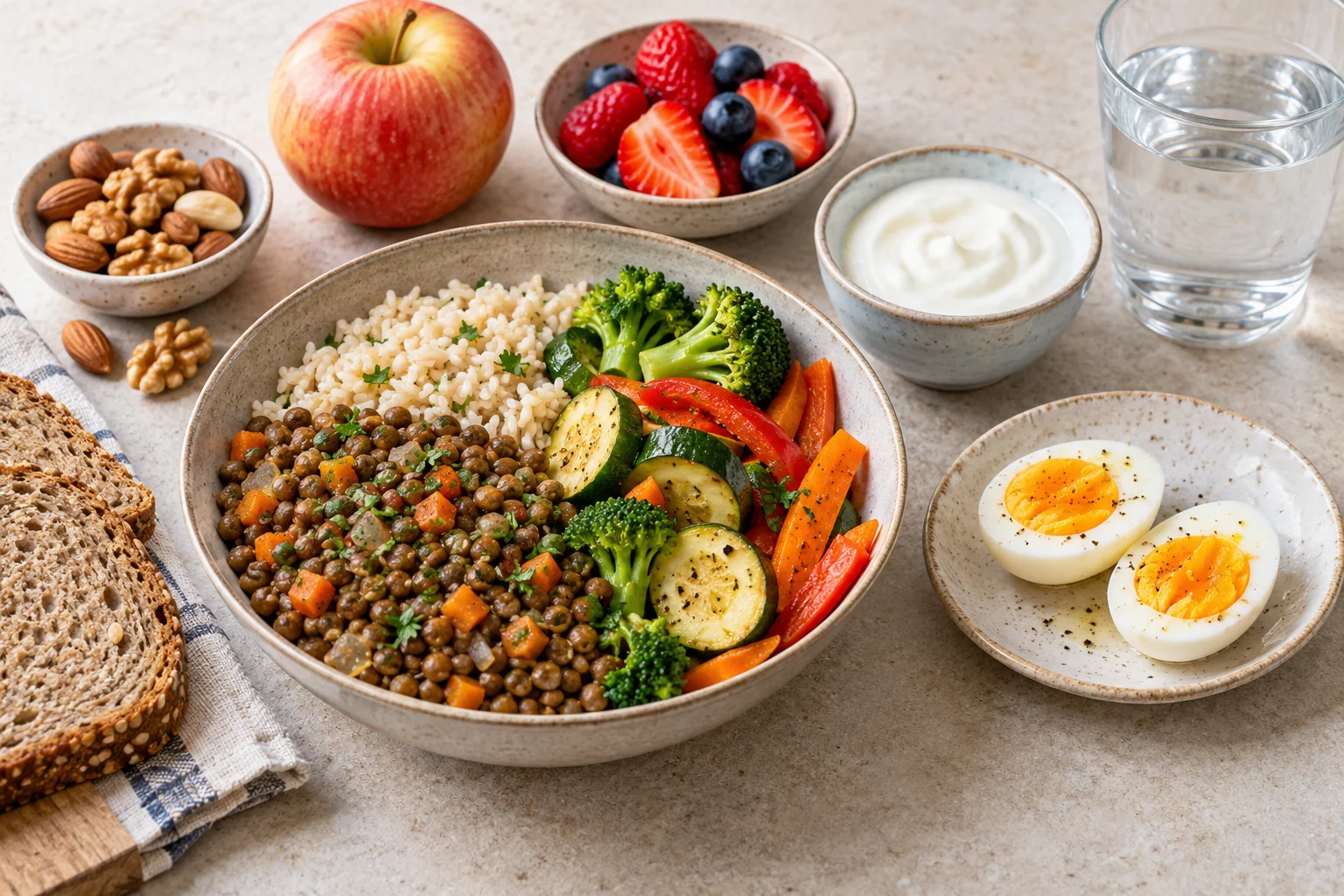 Legumbres, arroz, verduras, huevo, yogur, fruta, pan y frutos secos