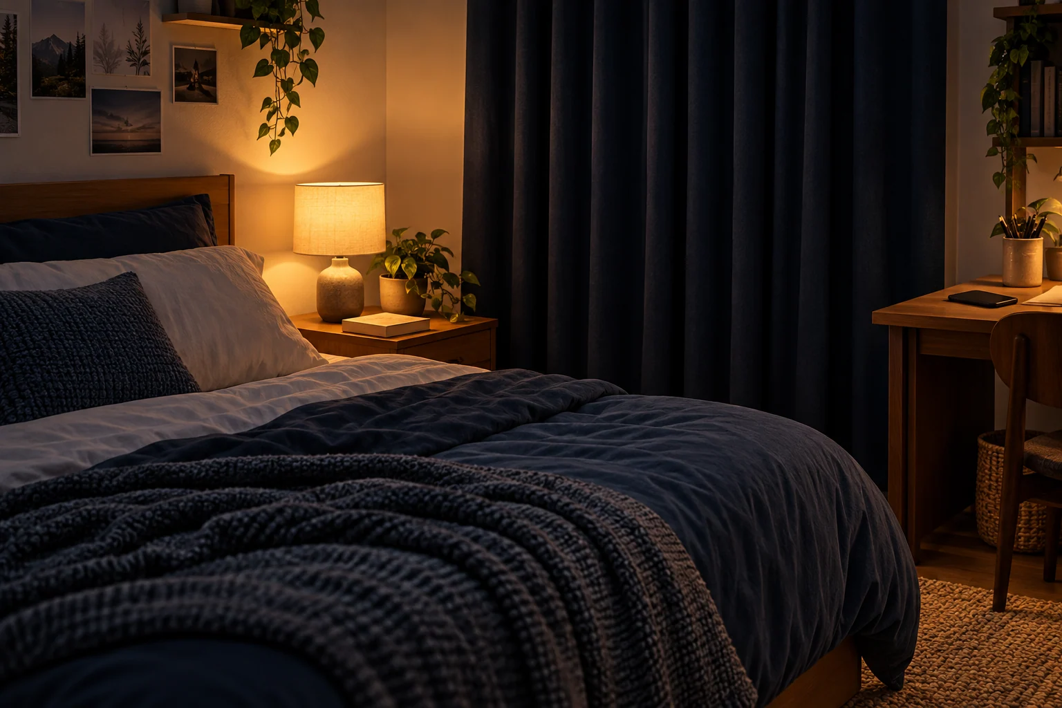 Dormitorio con luz tenue, cortinas cerradas y teléfono apartado